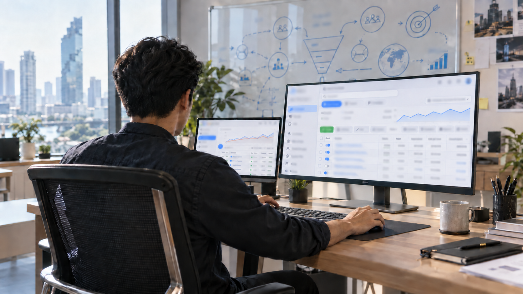 Advertising specialist working from behind with strongly anonymized advertising dashboards