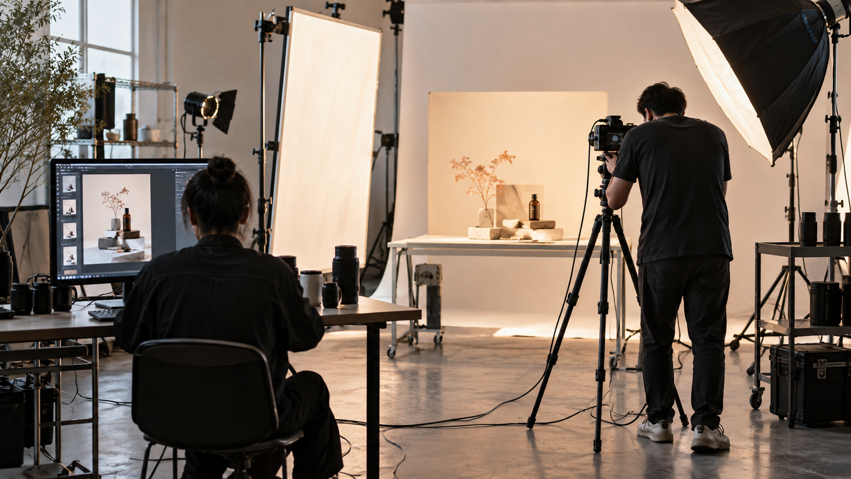 Production specialists photographed from behind in a professional content studio